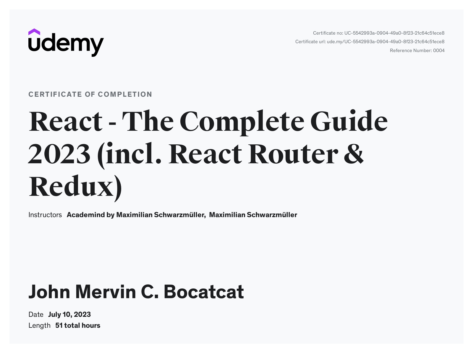 ReactJS Certificate.